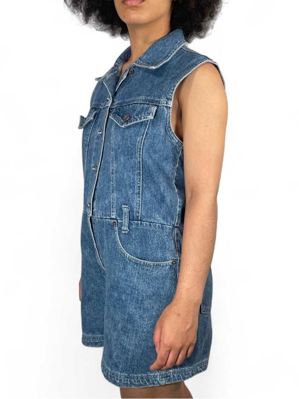 Retro Medium Wash Denim Utility Romper Sleeveless Collared Shortalls Vintage